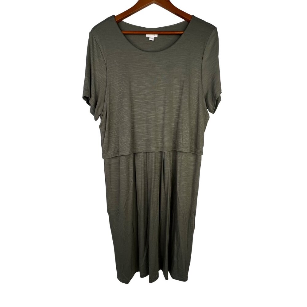 J Jill Dress Large Clover Green Rayon Blend Short Sleeve Button Back Midi Style